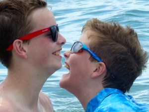 Laughing in the waves